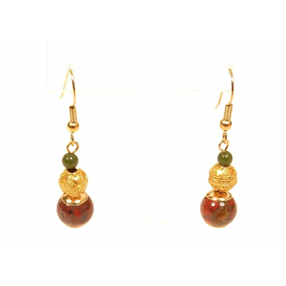 Vintage Beautiful Red &‎ Green Jasper Gemstone Bead Gold Drop Earrings